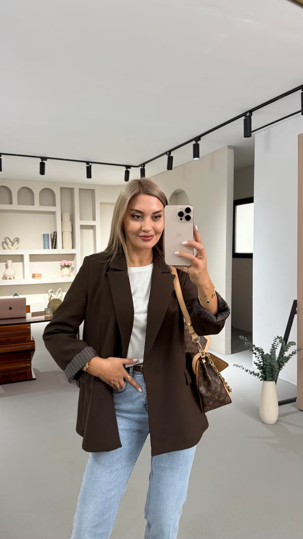 Kapak Cep Detay Astarlı Kahve Blazer