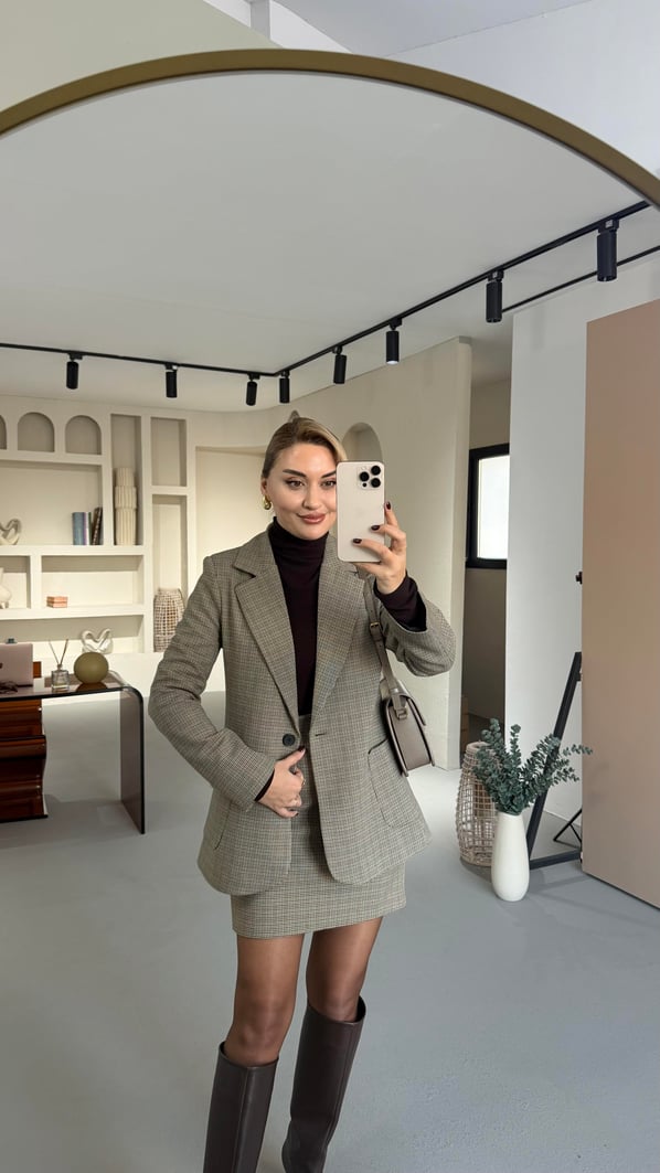 Cep Detay Tek Düğmeli Kahve Kaz Ayağı Desen Ceket