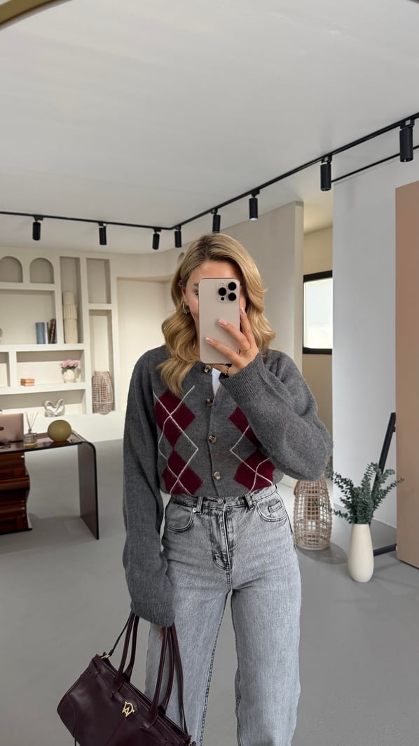 Baklava Desen Kemik Düğmeli Antrasit Yumoş Hırka