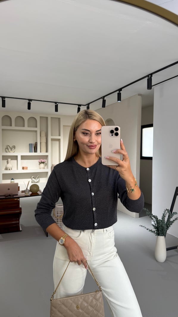 Sedef Düğme Detay Antrasit Simli Hırka