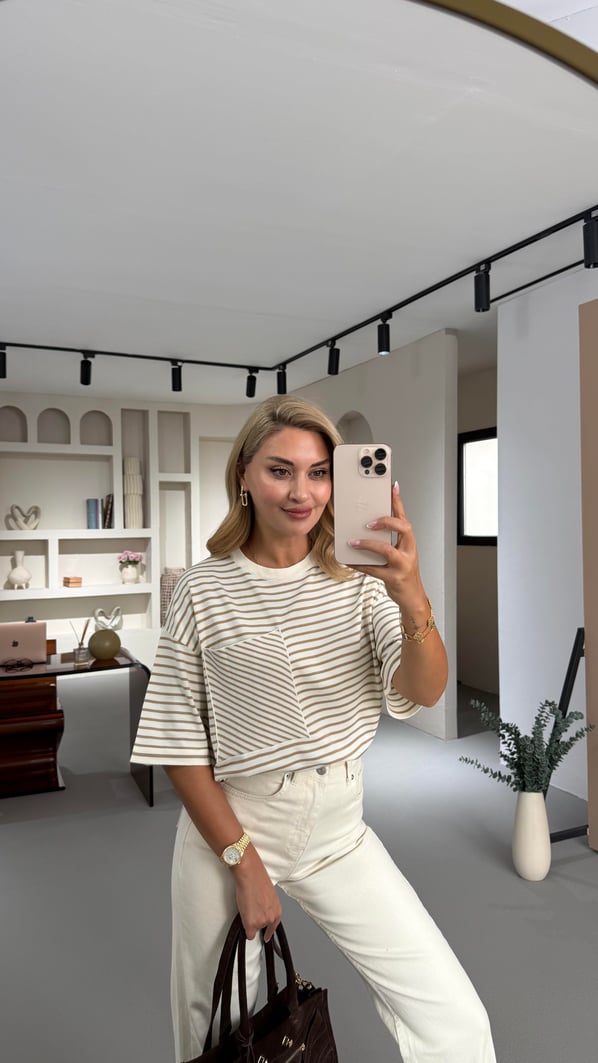 Cep Detay Camel Çizgili Oversize Triko