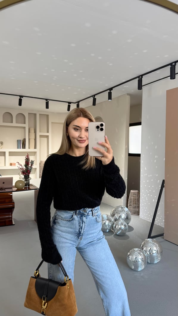 Saç Örgü Desen Sakallı Yumoş Siyah Kazak