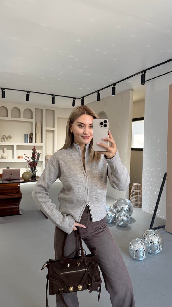 Çift Fermuarlı Dik Yaka Vizon Hırka