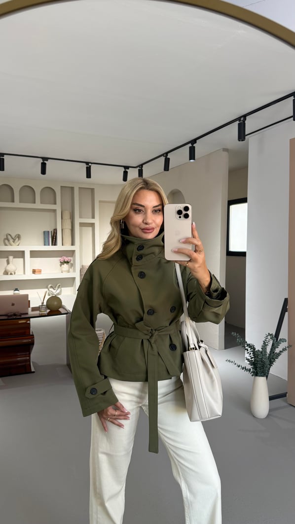 Dik Yaka Apoletli Haki Kısa Trenç