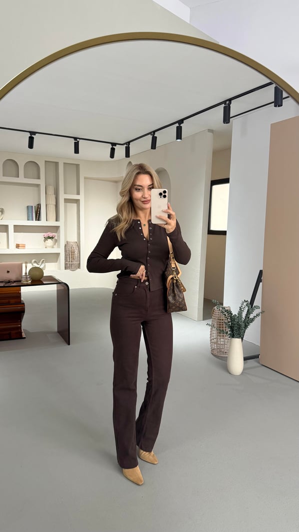 Premium Seri Kesik Paça Straight Fit Kahve Jean