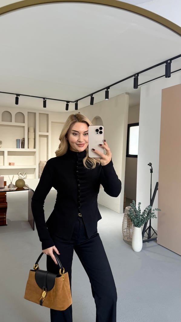 Dik Yaka Drapeli Siyah Triko Hırka