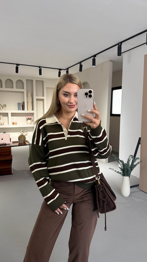 Polo Yaka Çizgili Haki Çelik Triko Kazak