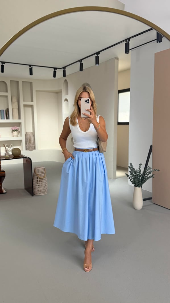 Premium Seri Piliseli Mavi Poplin Çan Etek