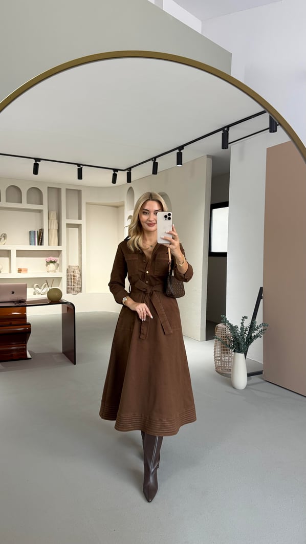 Dikiş Detay Kahve Çan Denim Elbise