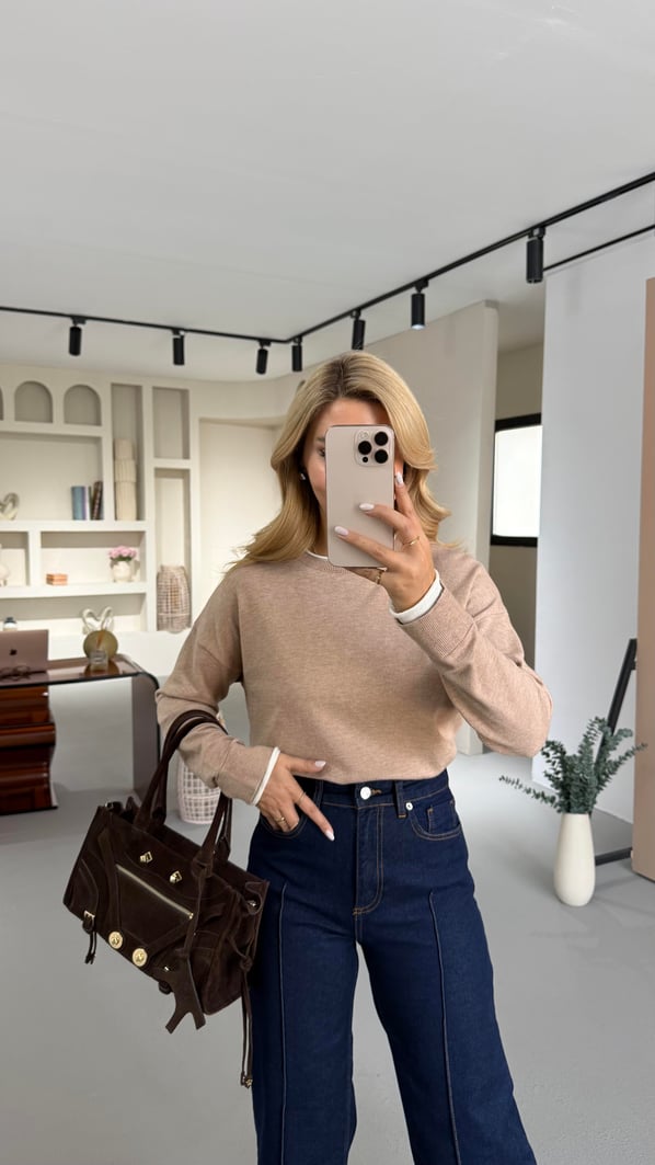 Biye Detay Yumuşak Dokulu Melanjlı Vizon Triko