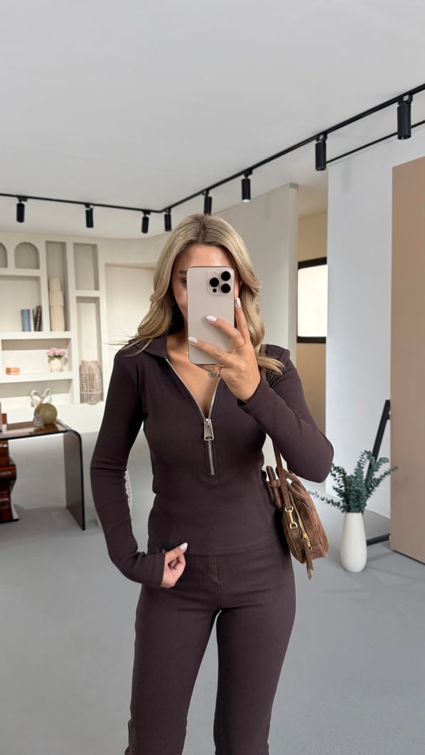 Yaka Fermuarlı Kahve Fitilli Bluz