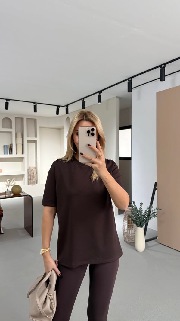 Bisiklet Yaka Kahve Oversize Tok Modal Basic Tshirt