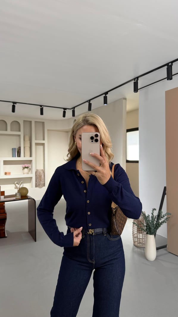 Premium Seri Polo Yaka Lacivert Yumuşak Dokulu Hırka