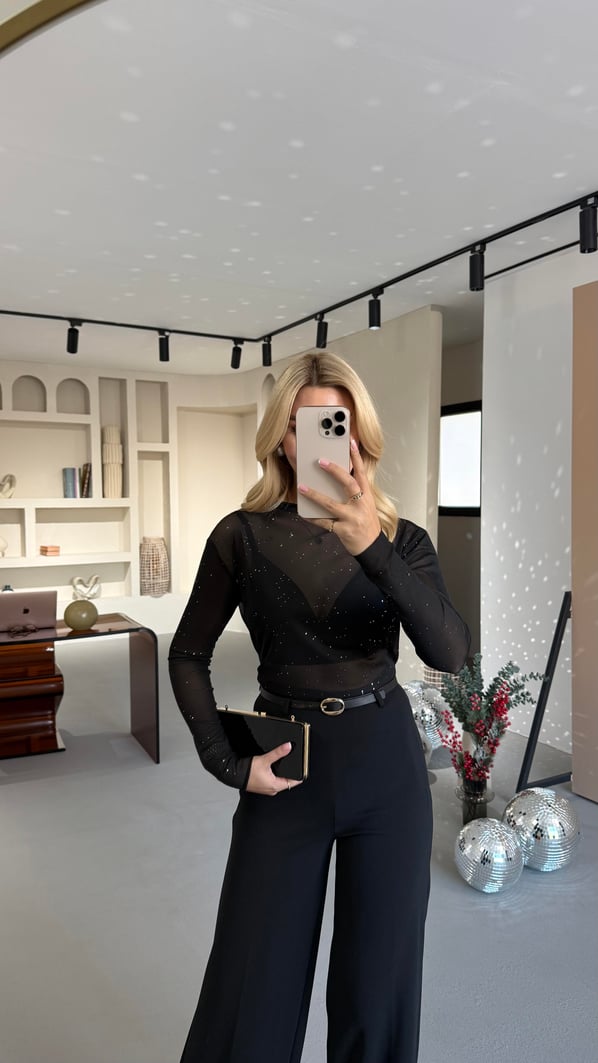 Işıltılı Transparan Siyah Tül Bluz