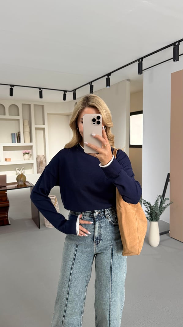 Biye Detay Yumuşak Dokulu Lacivert Triko