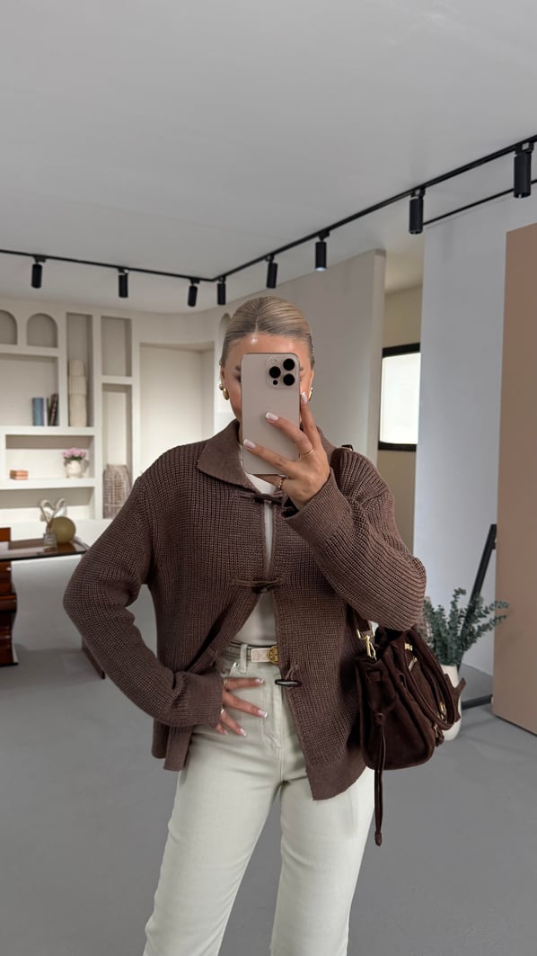 Premium Seri Kordon İlikli Selanik Örgü Kahve Hırka