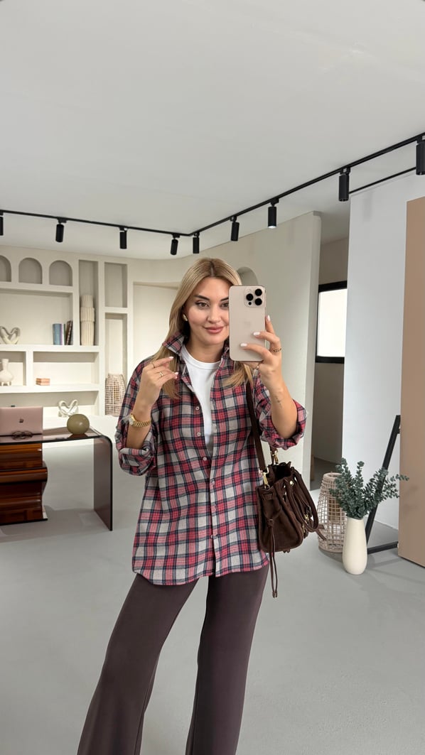 Ekoseli Kırmızı Oversize Kaşe Oduncu Gömleği