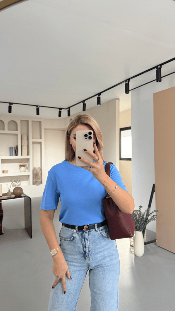 Premium Seri Bisiklet Yaka Pamuklu Mavi Basic Tshirt