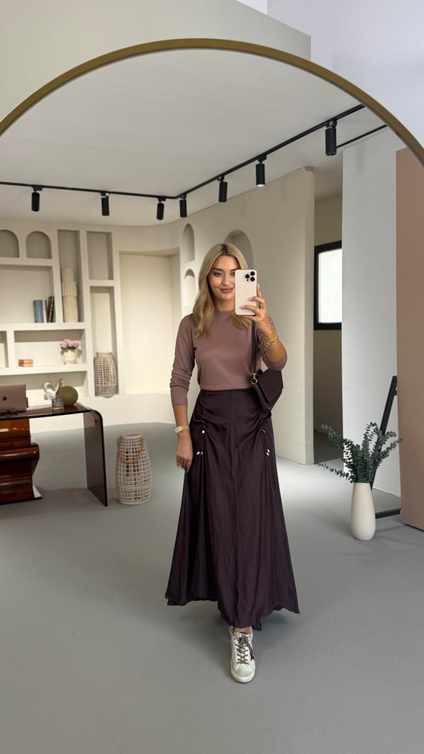 Büzgü Detay Bel Lastikli Kırışık Efekt Mürdüm Saten Etek