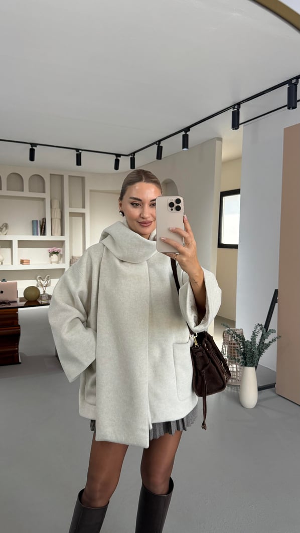 Atkılı Oversize Melanjlı Taş Kaşe Kaban