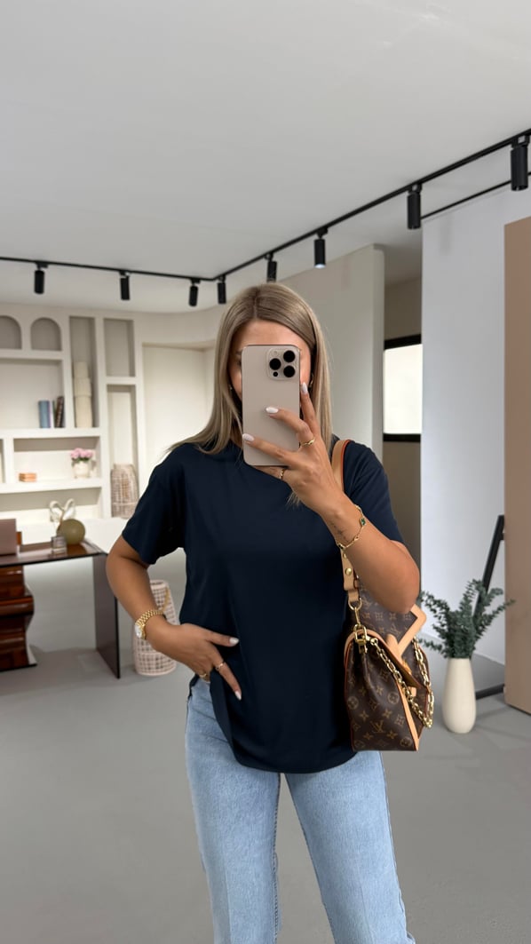 Lazer Kesim Pamuklu Lacivert Basic Tshirt