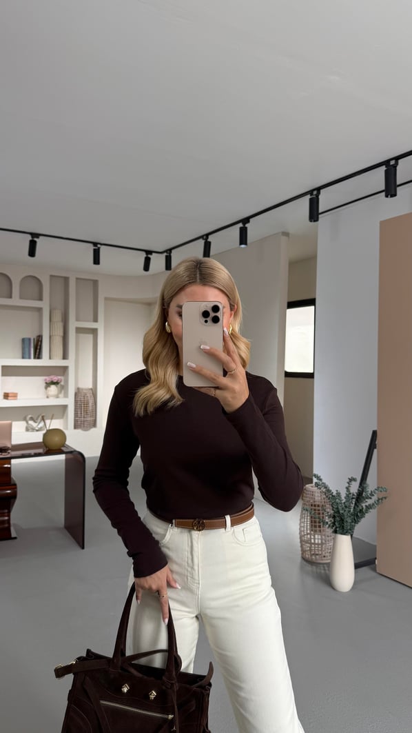 Premium Seri Bisiklet Yaka Kahve Uzun Kol Pamuklu Basic