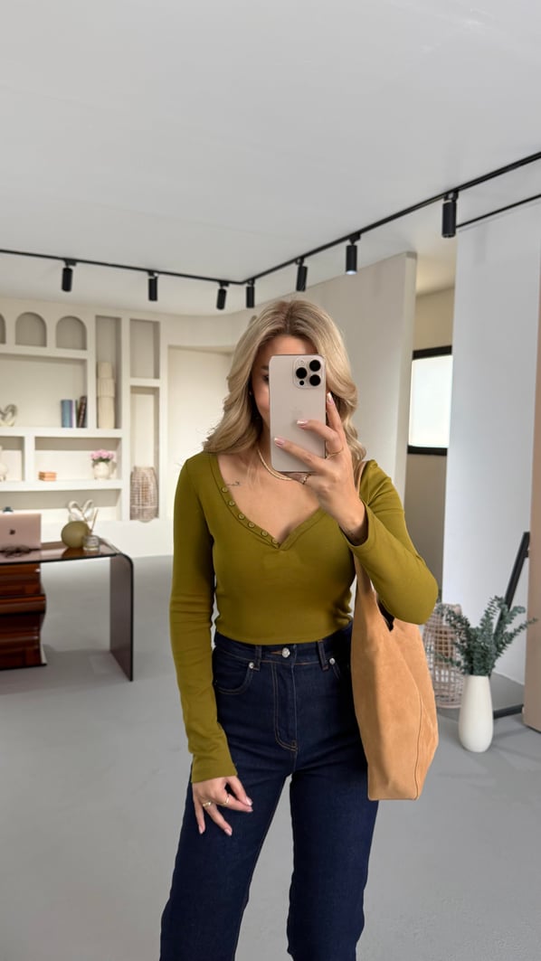 V Yaka Düğme Detay Olive Bluz