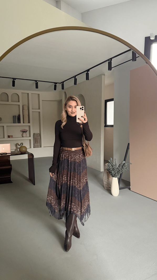 Kahve Lacivert Desen Beli Lastikli Asimetrik Şifon Etek