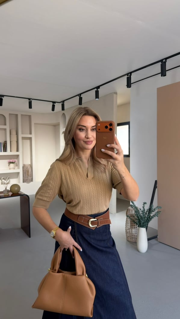 Polo Yaka Camel Kısa Kol Merserize Triko