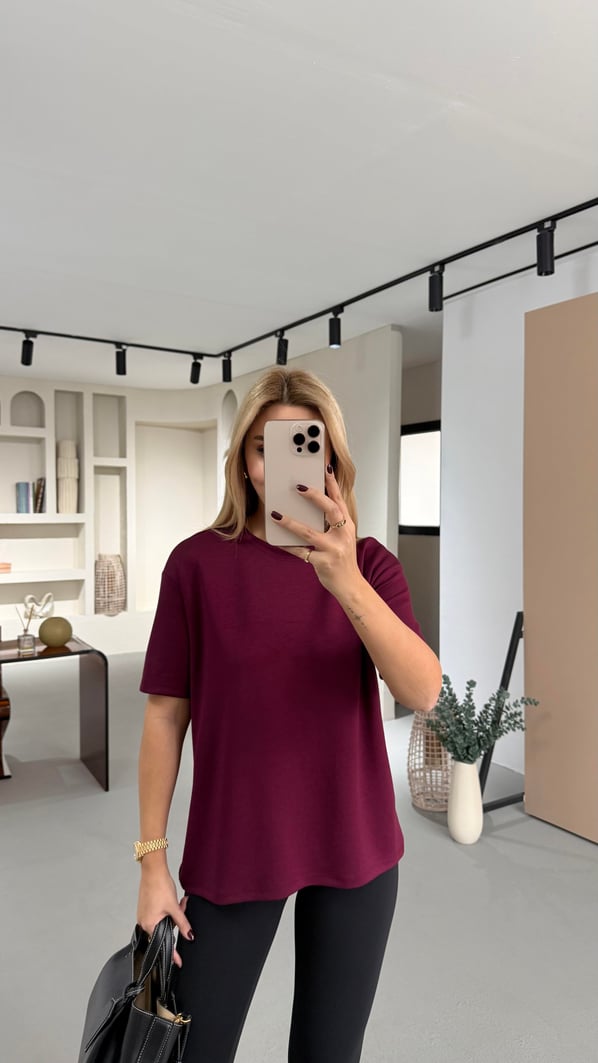 Bisiklet Yaka Bordo Oversize Tok Modal Basic Tshirt
