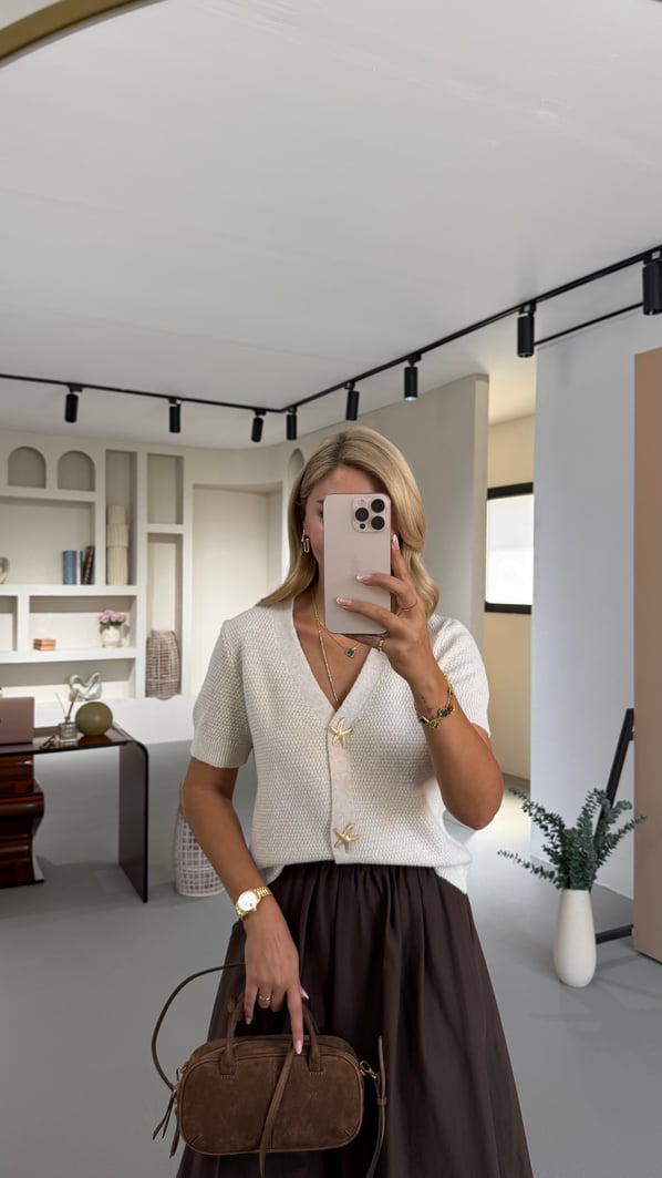 Deniz Yıldızı Aksesuarlı Petek Doku Krem Hırka