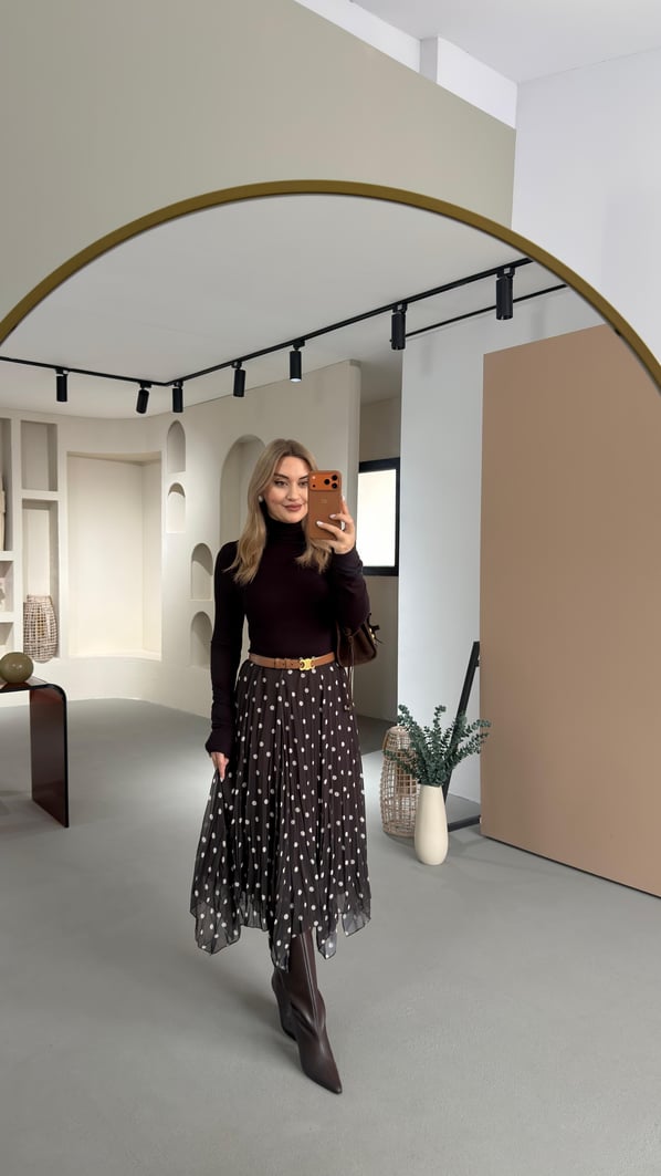 Puantiyeli Asimetrik Kahve Şifon Etek