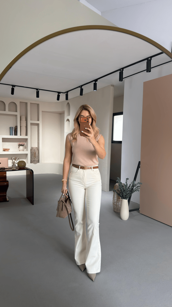 Premium Seri Likralı Krem İspanyol Paça Jean