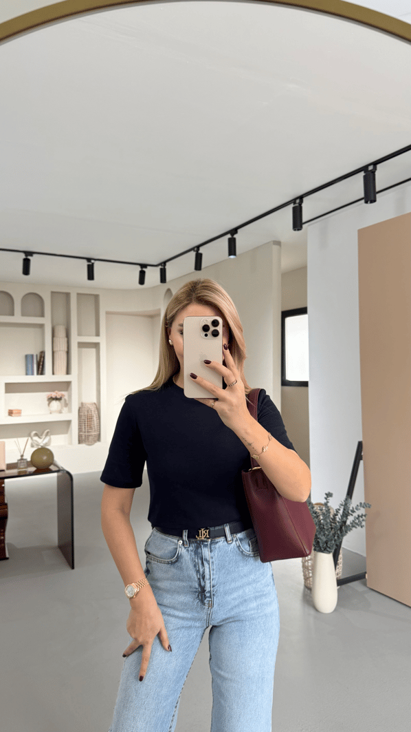 Premium Seri Bisiklet Yaka Pamuklu Lacivert Basic Tshirt