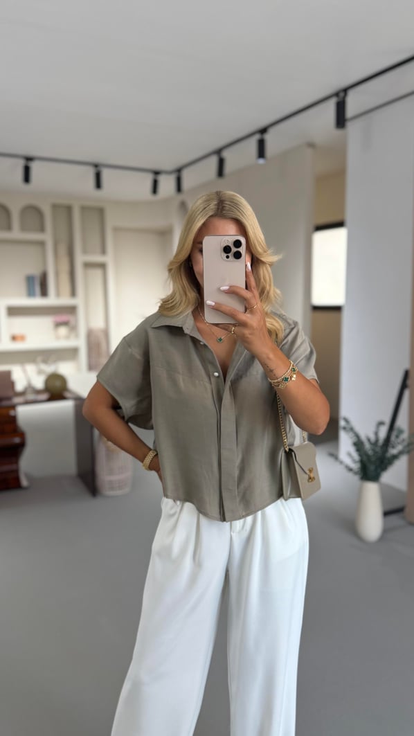 Haki Kısa Kol Tensel Modal Gömlek