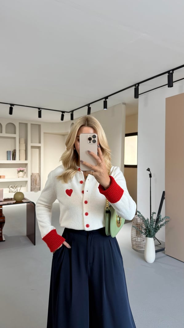 Kalp Nakış Detay Yumoş Dokulu Ekru Hırka