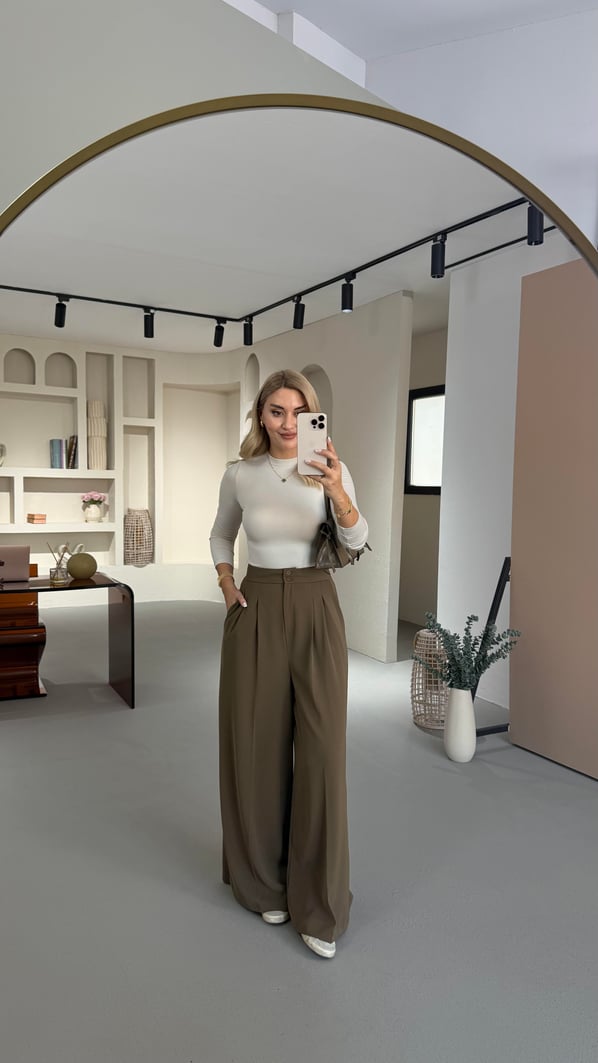 Özel Seri Çift Piliseli Haki Palazzo Pantolon (ÖN SİPARİŞ)