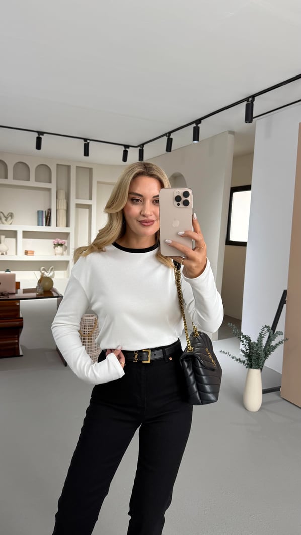 Biye Detay Beyaz Uzun Kol Basic Sweat