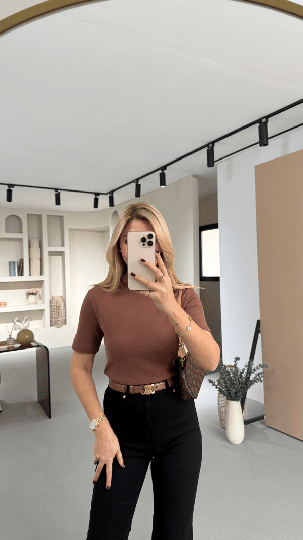 Premium Seri Bisiklet Yaka Pamuklu Bakır Kahve Basic Tshirt