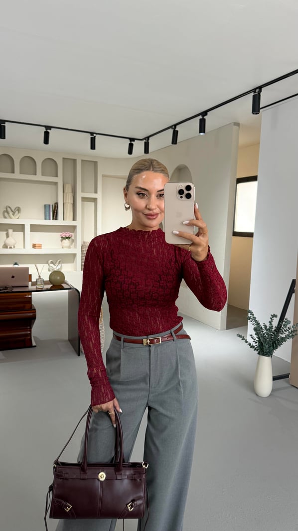 Transparan Bordo Dantel Bluz