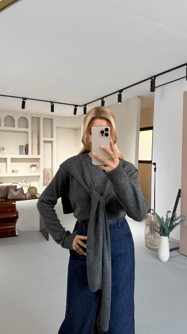 Şal Detaylı Antrasit Triko Kazak