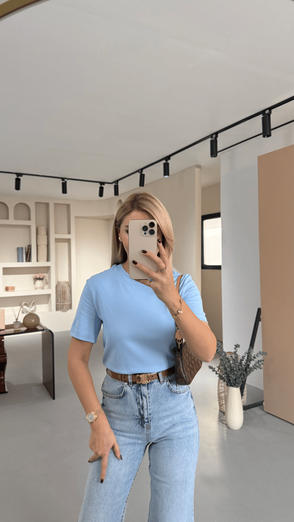 Premium Seri Bisiklet Yaka Pamuklu Bebe Mavi Basic Tshirt