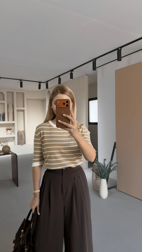 Ekru Çizgili Camel Kısa Kol Triko