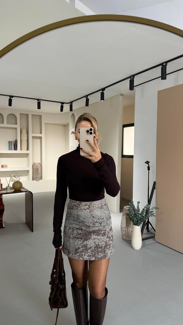 Kahve-Turkuaz Renk Geçişli Mini Denim Etek