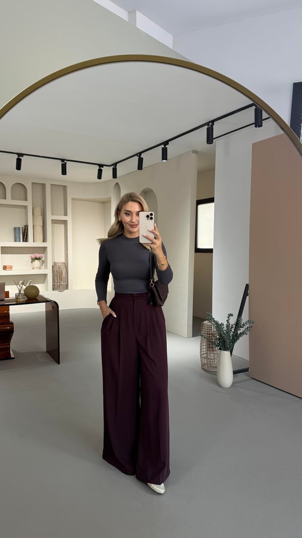 Özel Seri Çift Piliseli Mürdüm Palazzo Pantolon (ÖN SİPARİŞ)