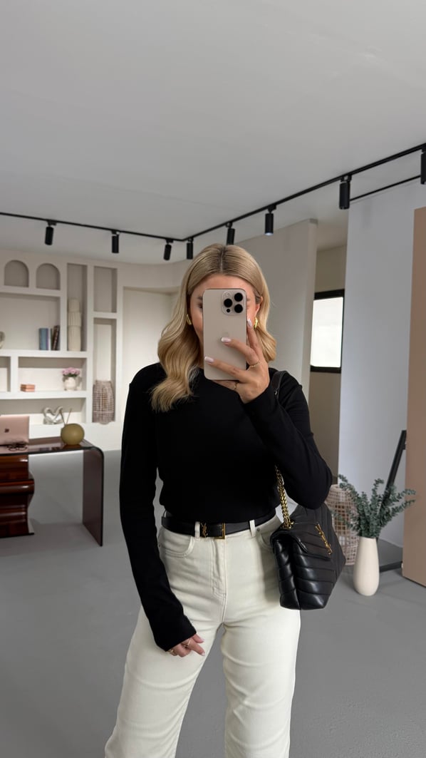 Premium Seri Bisiklet Yaka Siyah Uzun Kol Pamuklu Basic