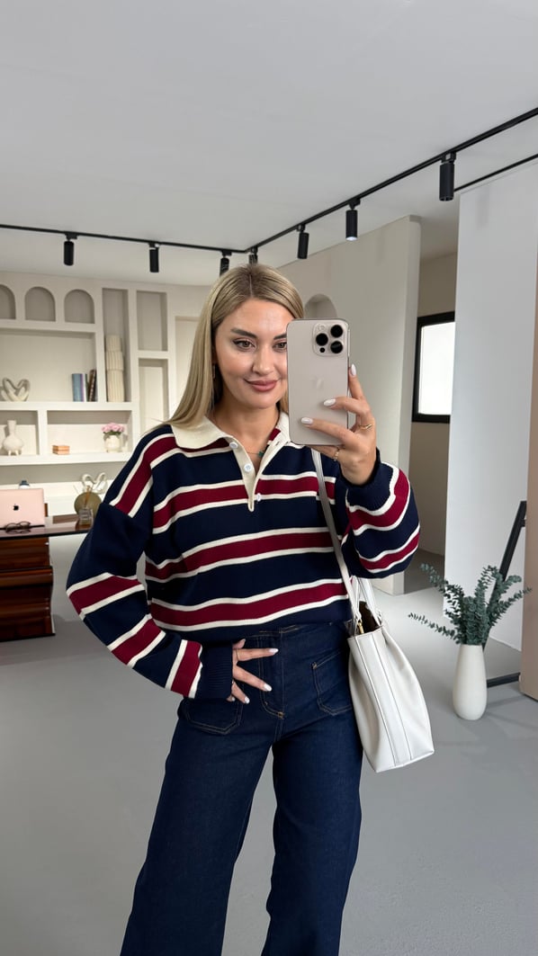 Polo Yaka Çizgili Lacivert Çelik Triko Kazak