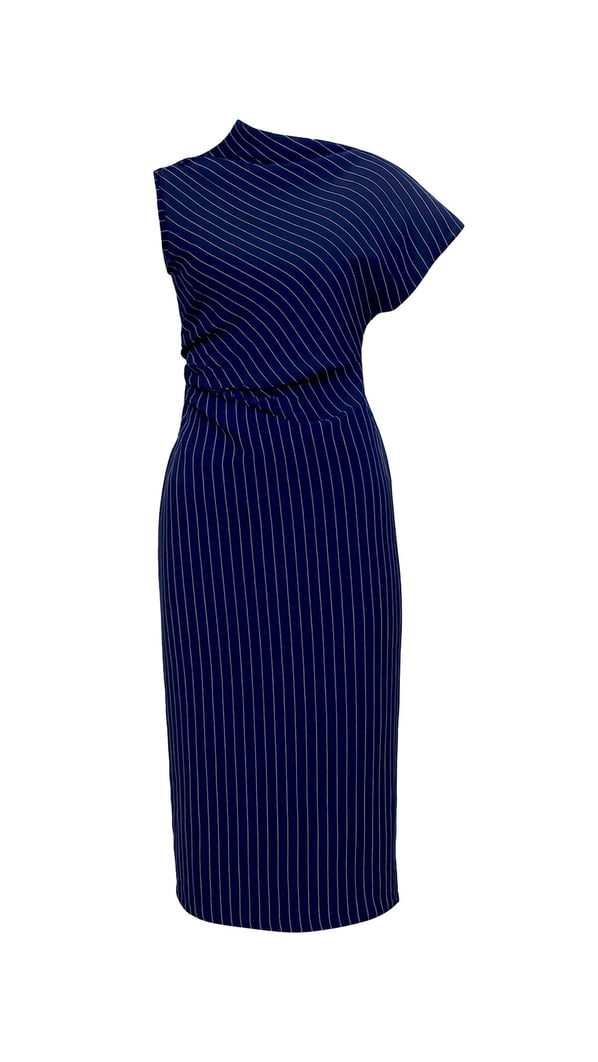 Premium Seri Drape Detay Yırtmaçlı Lacivert Çizgili Elbise