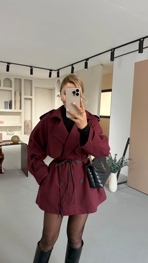 Allerli Deri Kemer Detay Bordo Trenç