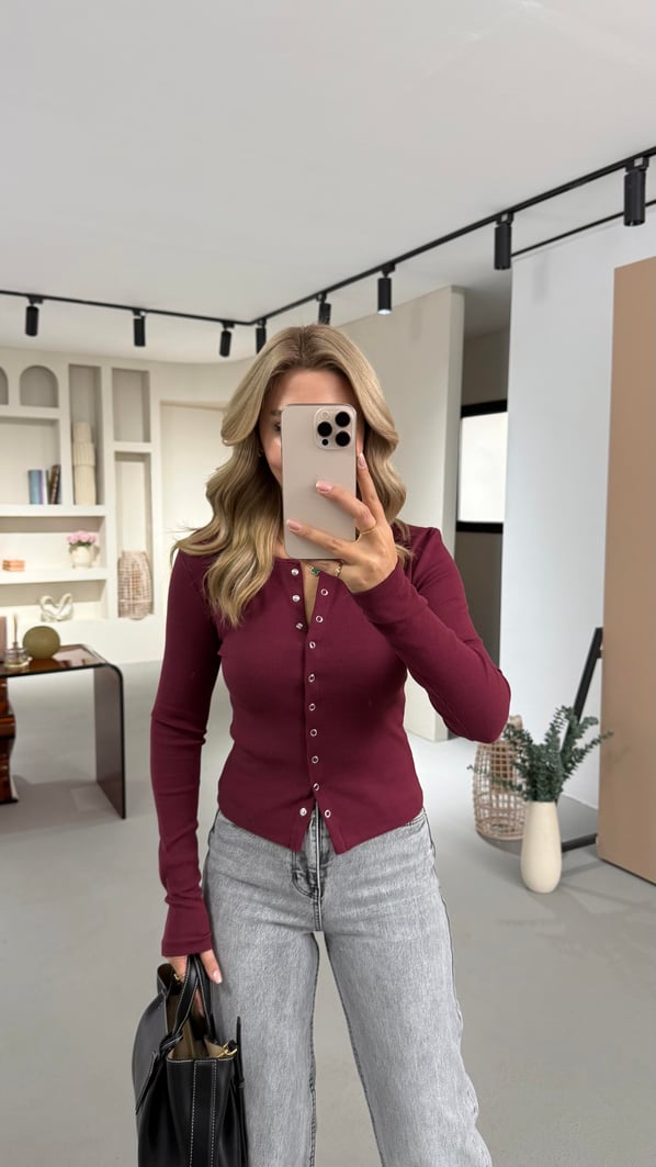 Boydan Pat Düğmeli Fitilli Bordo Basic Bluz